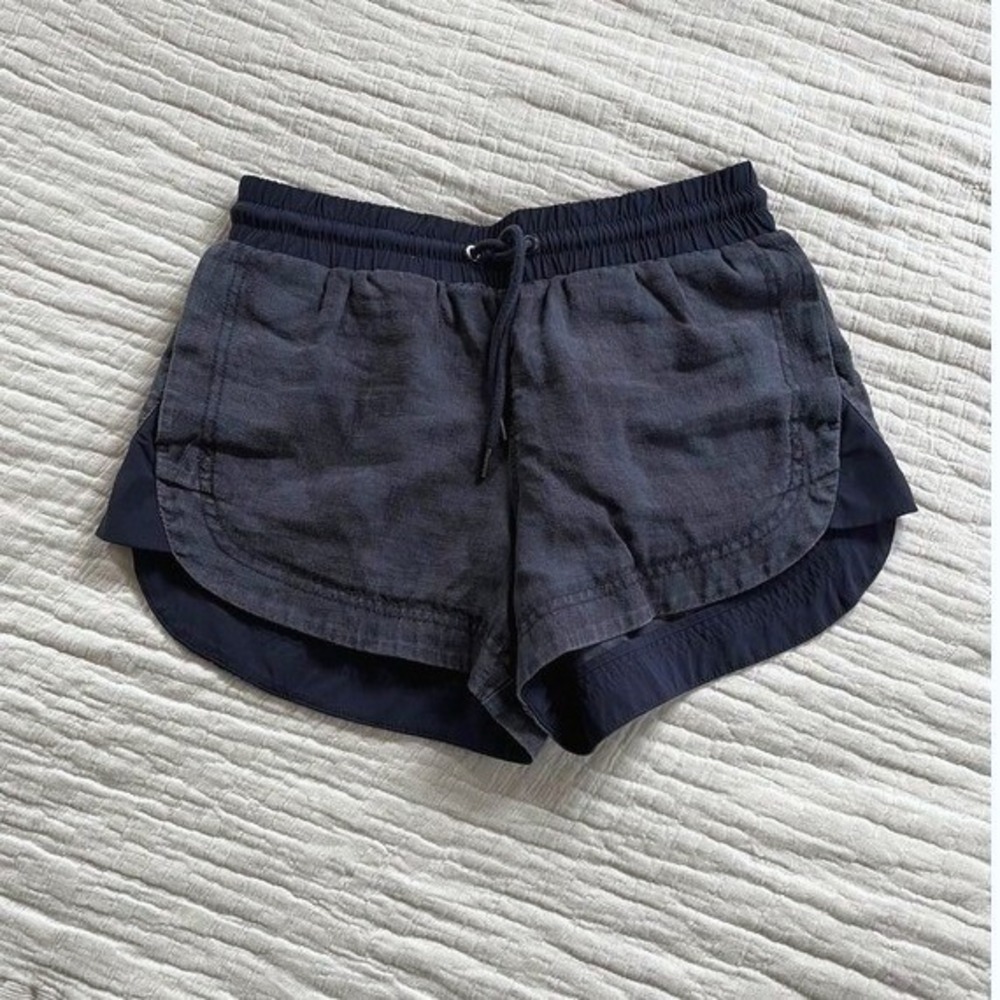 Athleta Beachside Bali Linen Shorts Womens 4 Blue Pull On Drawstring